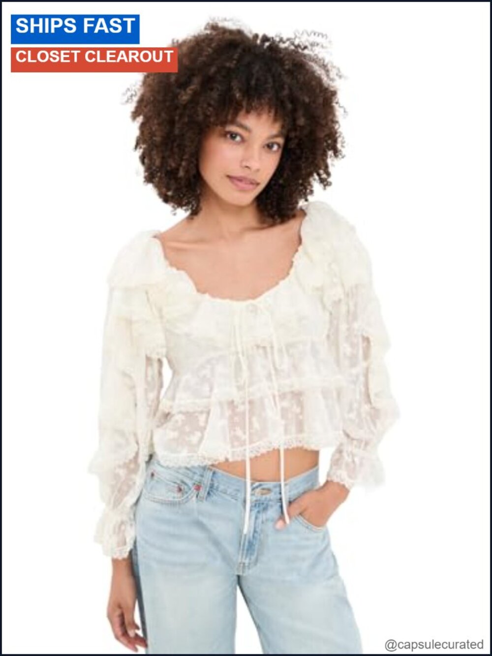 For Love & Lemons Lilou Blouse Embroidered Floral Eyelet Scallop Lace Long